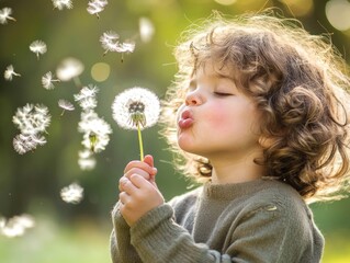 Cute Child Blowing Dandelion Seeds in Sunlit Garden