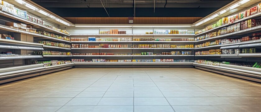 empty shelves in a grocery store with a few items