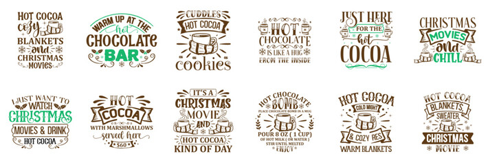 Cute Hot Chocolate Hand Lettering, Typographic Emblems Set Vector Illustration for Magazine, Gift Card, Book Cover