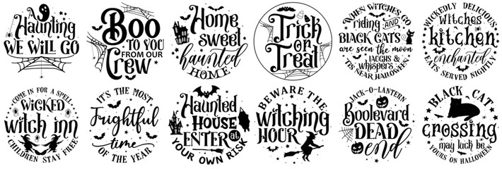 Simple Halloween Round Sign Phrases, Calligraphic Lettering Set Vector Illustration for Wrapping Paper, Advertising, Poster