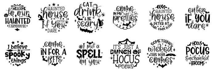 Minimalist Halloween Round Sign Calligraphic Lettering, Typographic Emblems Pack Vector Illustration for Announcement, Bookmark, T-Shirt Design