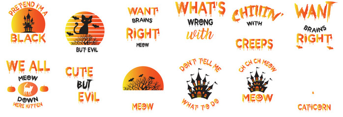 Vibrant Halloween Cat Labels And Badges, Calligraphy Set Vector Illustration for Label, Postcard, Brochure