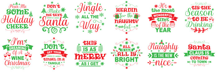 Colourful Funny Christmas Trendy Retro Style Illustration, Calligraphy Collection Vector Illustration for Newsletter, Banner, Presentation