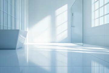 A serene, modern bathroom with bright natural light illuminating sleek surfaces and minimalist design.