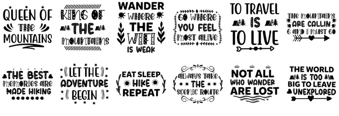 Vibrant Hiking Inscriptions, Invitation Collection Vector Illustration for Packaging, Printing Press, Advertising
