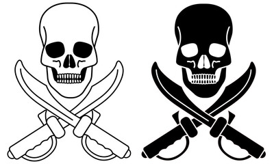 Pirate Skull with crossed swords or cutlasses in black and white isolated on a transparent background