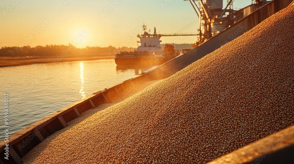 Poster a serene scene of grain being unloaded from a ship, with the grain piling high and spreading out smo