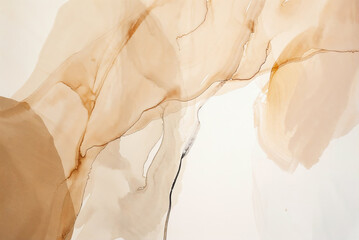 An artwork with fluid and dynamic shapes in beige, white, and gold, in style of alcohol ink techniques. The background incorporates liquid forms, gentle watercolor blurs.