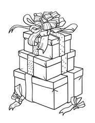 Three Christmas Presents Stacked in a Pile. Different Gift Boxes. Decorated With Wrapping Paper, Ribbon, Bows. Three Gifts for Holiday