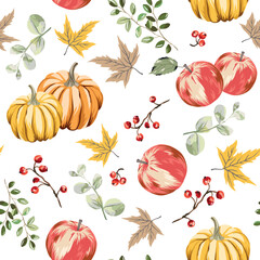 Autumn apples, pumpkins, maple leaves, red berries, white background. Vector seamless pattern. Fall season illustration. Forest and garden nature design