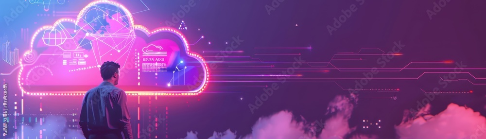 Aufkleber man standing in front of glowing neon cloud, modern technology, data storage, futuristic background,