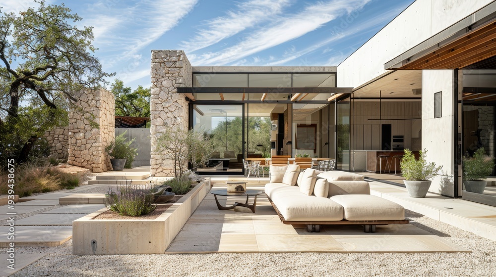 Poster A contemporary home featuring stone walls and wide windows, complemented by outdoor seating and natural surroundings.