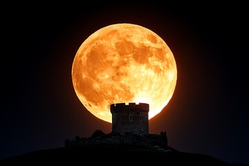 Fototapeta premium A lunar eclipse occurring over a historic landmark, such as a castle or ancient ruins, with the structure silhouetted against the glowing moon