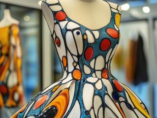Colorful Abstract Dress Design on Mannequin in Modern Fashion Studio