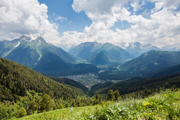 Fototapeta premium Fabulous magnificent view of Caucasus Mountains and sky. High quality photo