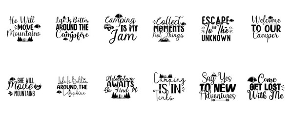 Minimalist Camping Inscriptions, Typographic Emblems Collection Vector Illustration for Decal, Flyer, Mug Design