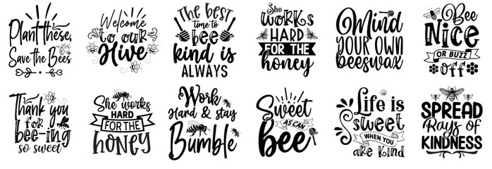 Fototapeta premium Simple Bee Hand Lettering, Labels And Badges Set Vector Illustration for Gift Card, Postcard, Brochure