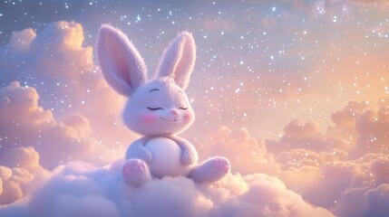 A sweet, smiling cartoon creature with big ears and a round belly, sitting on a cloud in a pastel sky filled with twinkling stars