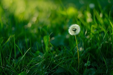 Dandelion seed head surrounded by lush green grass, captured in soft evening light.