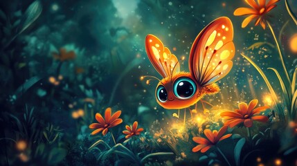 Fototapeta premium A tiny, adorable cartoon creature with big eyes and little wings, flying around a glowing flower in a magical garden.