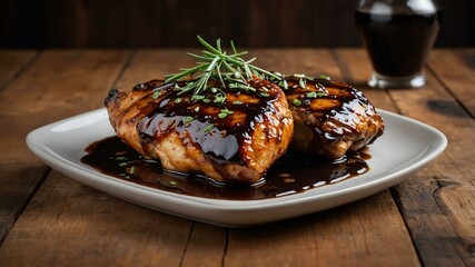 stock photography sizzling balsamic glazed chicken prepared aesthetically with a background of wooden table