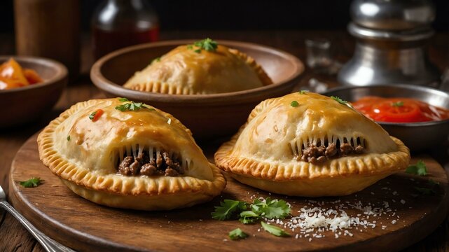 stock photography sizzling beef empanadas prepared aesthetically with a background of wooden table