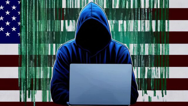 American Hacker against abstract US flag background. attacking internet Hacking malware concept. Hacker abstract laptop binary code digital interface. Virus, Spyware