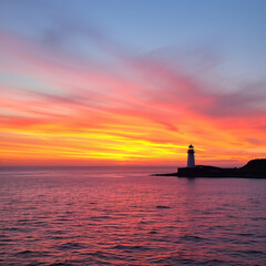 Sunset Over Lighthouse with Vibrant Colors Reflecting on Calm Sea