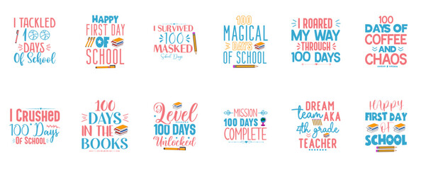 Modern 100 Days Of School Calligraphic Lettering, Labels And Badges Set Vector Illustration for Decal, Printable, Sticker