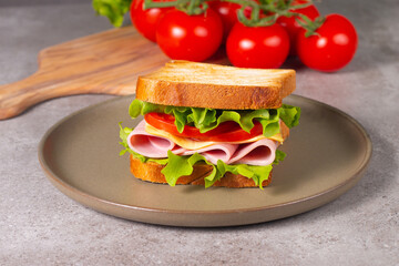 Close-up of two sandwiches with bacon, salami, prosciutto and fresh vegetables on rustic wooden cutting board. Club sandwich concept