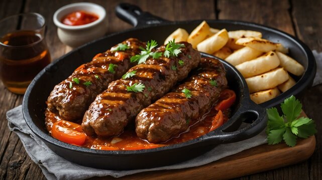 stock photography sizzling cevapi prepared aesthetically with a background of wooden table