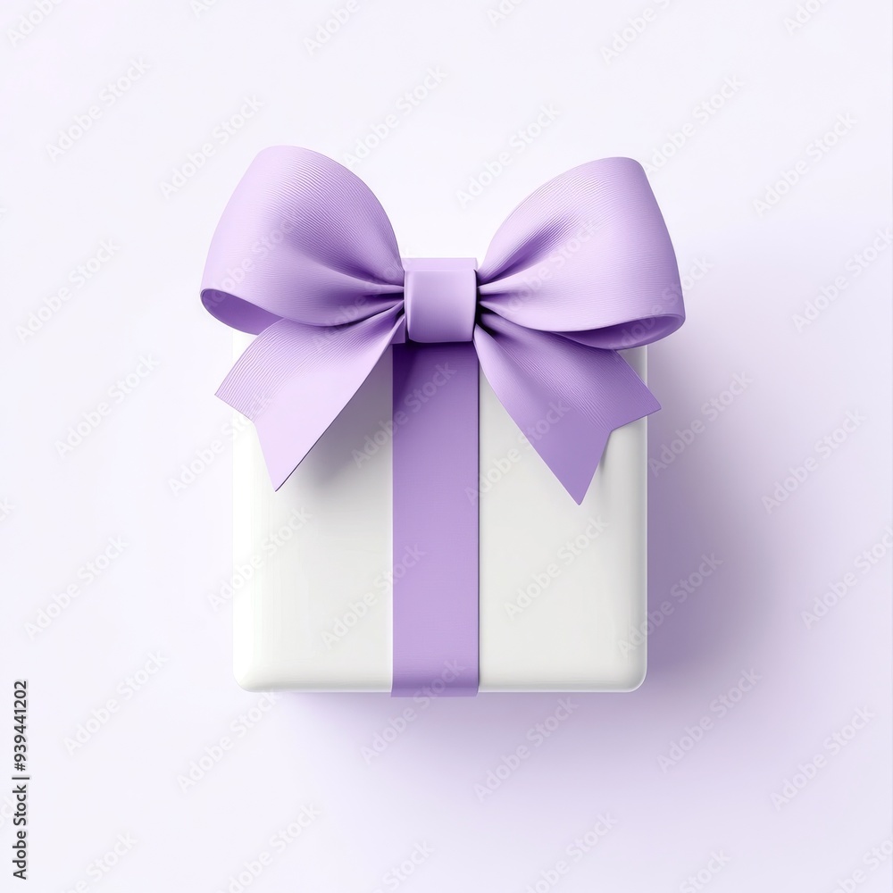 Poster a 3d single icon of a gift box with a large purple bow floating against a white background with mini