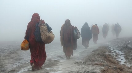 poignant scene of climate refugees traversing a harsh landscape carrying meager possessions symbolizing the human cost of environmental and political crises