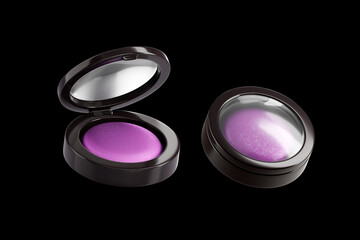3d cartoon pink compact blush in black open and closed container, side view. Blush packaging, box. Decorative cosmetics for make up. Makeup supplies. 3d rendered illustration