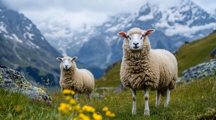 Fototapeta premium Cute welsh sheep on the high alpine pasture in Switzerland
