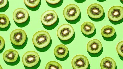 Fototapeta premium A vibrant pattern of sliced kiwi fruits arranged on a bright green background, creating a fresh,