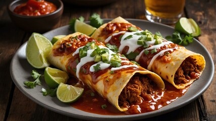 stock photography sizzling enchiladas prepared aesthetically with a background of wooden table