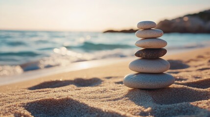 A stack of zen stones on a quiet beach, with soft, golden sands and a peaceful ocean backdrop under a clear sky.