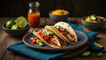 stock photography sizzling fish tacos prepared aesthetically with a background of wooden table