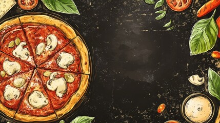 A vintage hand-drawn top view of Italian pizza surrounded by ingredients, creating a perfect frame for menu designs