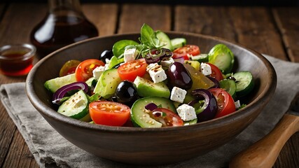 stock photography sizzling greek salad prepared aesthetically with a background of wooden table