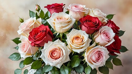 Closeup of a bouquet of pink, red and white roses with green leaves.