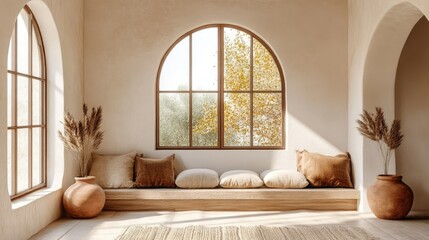 Arched windows with clay pots and pillows, boho farmhouse interior, warm and earthy design