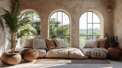 Fototapeta premium Boho chic interior, farmhouse style, pillows and clay pots on arched windows, earthy tones