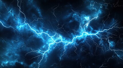 A dramatic display of blue lightning against a dark, textured background.