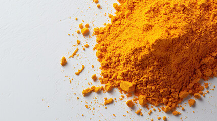 Turmeric powder spread on a white background 