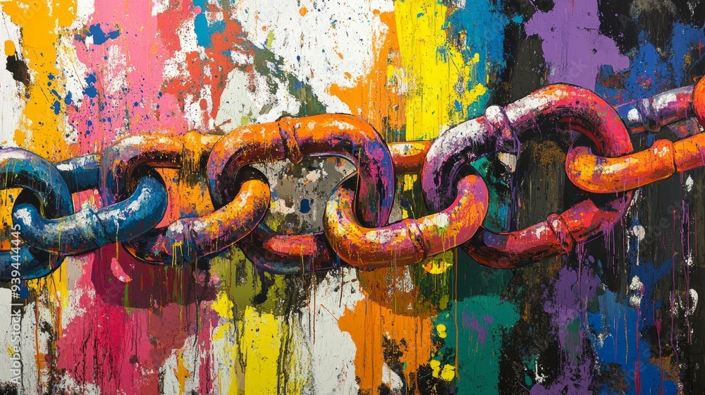 Poster a vibrant and artistic depiction of colorful chains intertwined against a bright splattered backgrou