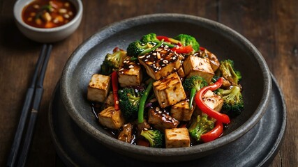 stock photography sizzling tofu stirfry prepared aesthetically with a background of wooden table