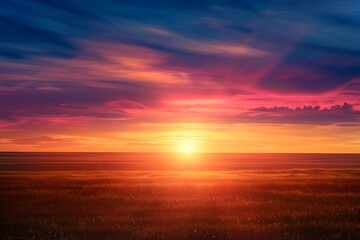 A stunning sunset over a tranquil field, showcasing vibrant colors of dusk.