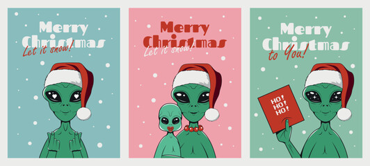 
Retro Christmas card set with a green alien wearing a Santa Claus hat. Vector posters for Merry Christmas and Happy New Year celebration. 
